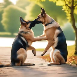 A heartwarming scene showing a tall German Shepherd falling in love with a short female cat