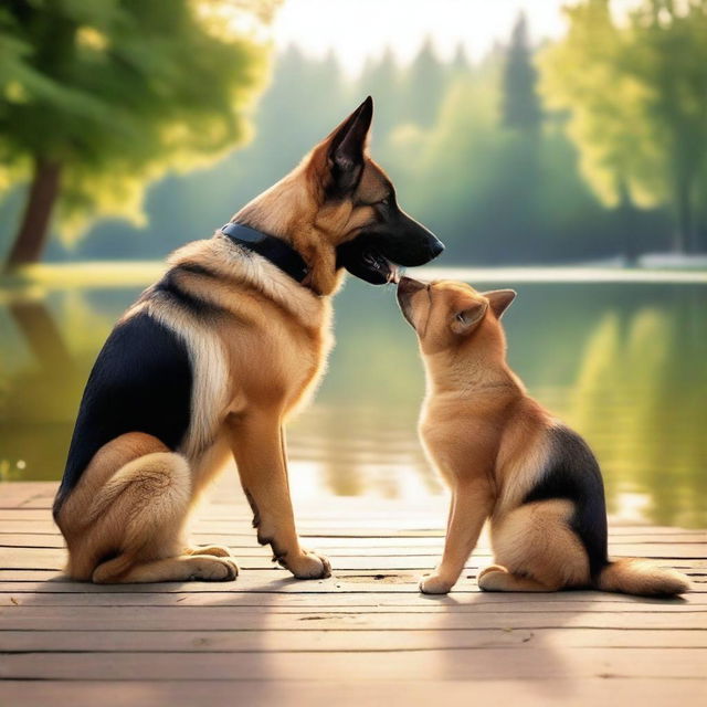 A heartwarming scene showing a tall German Shepherd falling in love with a short female cat