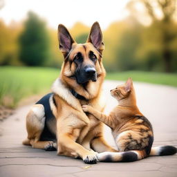 A heartwarming scene showing a tall German Shepherd falling in love with a short female cat