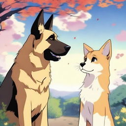 An anime-style scene showing a tall German Shepherd falling in love with a short female cat