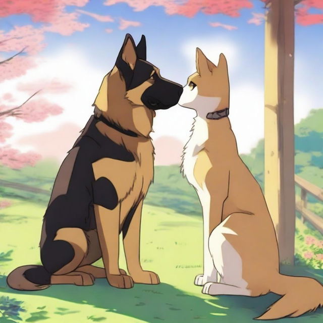 An anime-style scene showing a tall German Shepherd falling in love with a short female cat