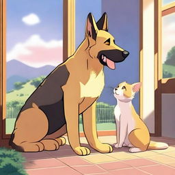 An anime-style scene showing a tall German Shepherd falling in love with a short female cat