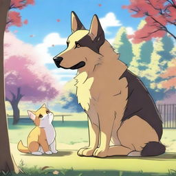 An anime-style scene showing a tall German Shepherd falling in love with a short female cat