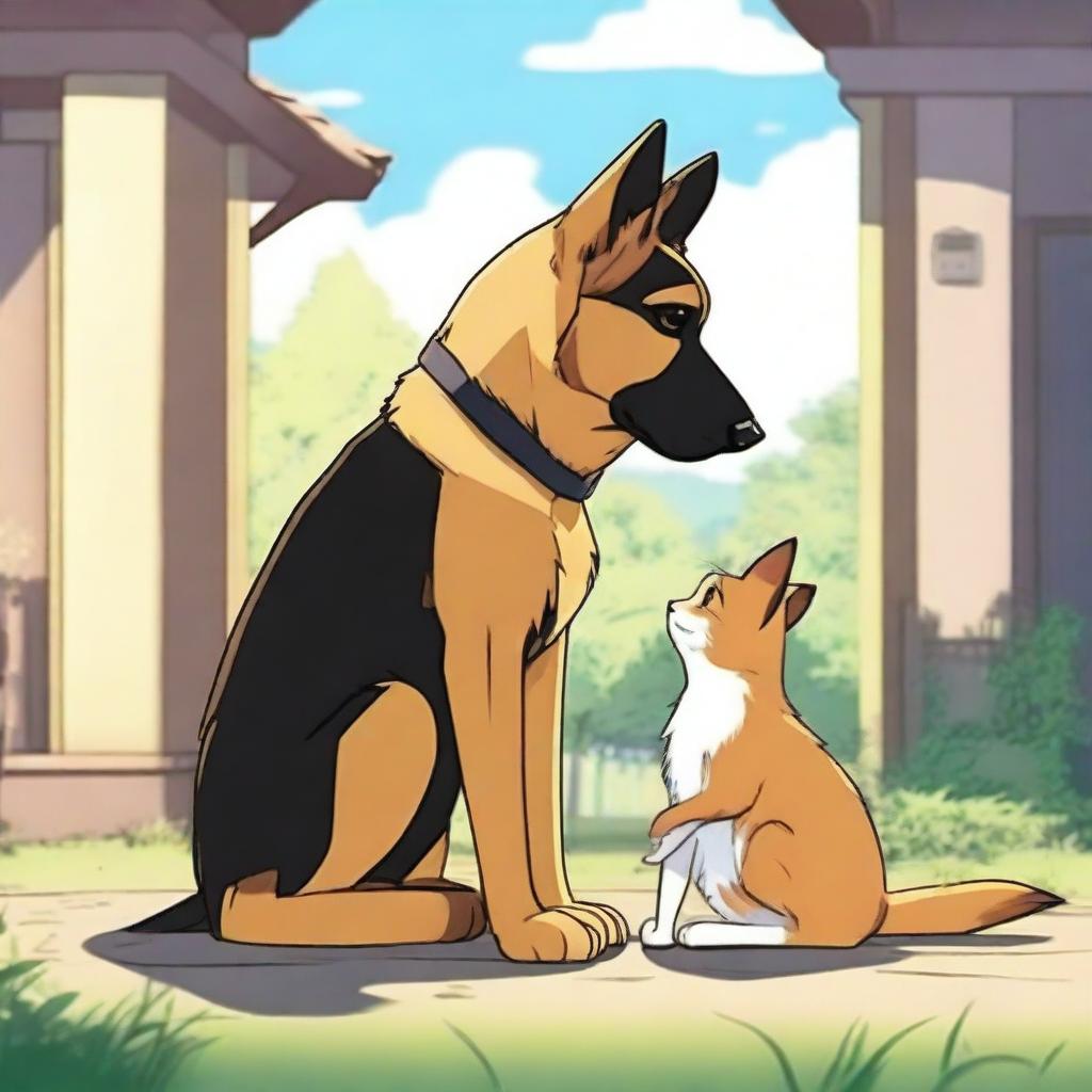 An anime-style scene showing a tall German Shepherd falling in love with a short female cat