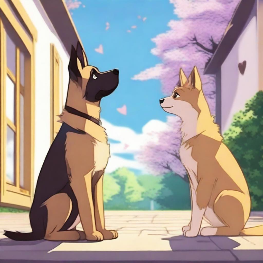 An anime-style scene showing a tall German Shepherd falling in love with a short female cat