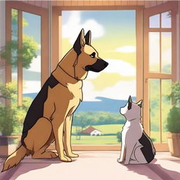 An anime-style scene showing a tall German Shepherd falling in love with a short female cat