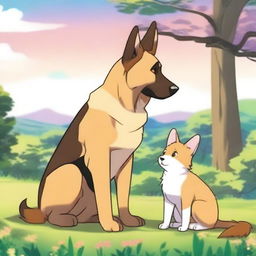 An anime-style scene showing a tall German Shepherd falling in love with a short female cat