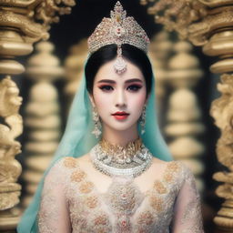 Gambar seorang putri raja yang cantik mengenakan gaun kerajaan dengan bagian dada yang terlihat setengah terbuka