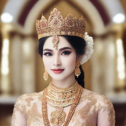 Gambar seorang putri raja yang cantik mengenakan gaun kerajaan dengan bagian dada yang terlihat setengah terbuka