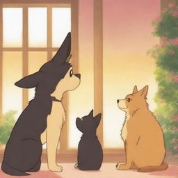 A cute anime-style scene showing a tall German Shepherd falling in love with a short female cat