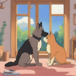 A cute anime-style scene showing a tall German Shepherd falling in love with a short female cat