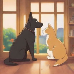 A cute anime-style scene showing a tall German Shepherd falling in love with a short female cat