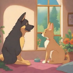 A cute anime-style scene showing a tall German Shepherd falling in love with a short female cat