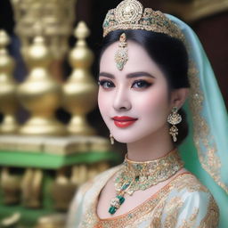 Gambar seorang putri raja yang cantik mengenakan gaun kerajaan dengan bagian payudaranya terlihat setengah terbuka