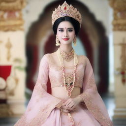 Gambar seorang putri raja yang cantik mengenakan gaun kerajaan dengan bagian payudaranya terlihat setengah terbuka