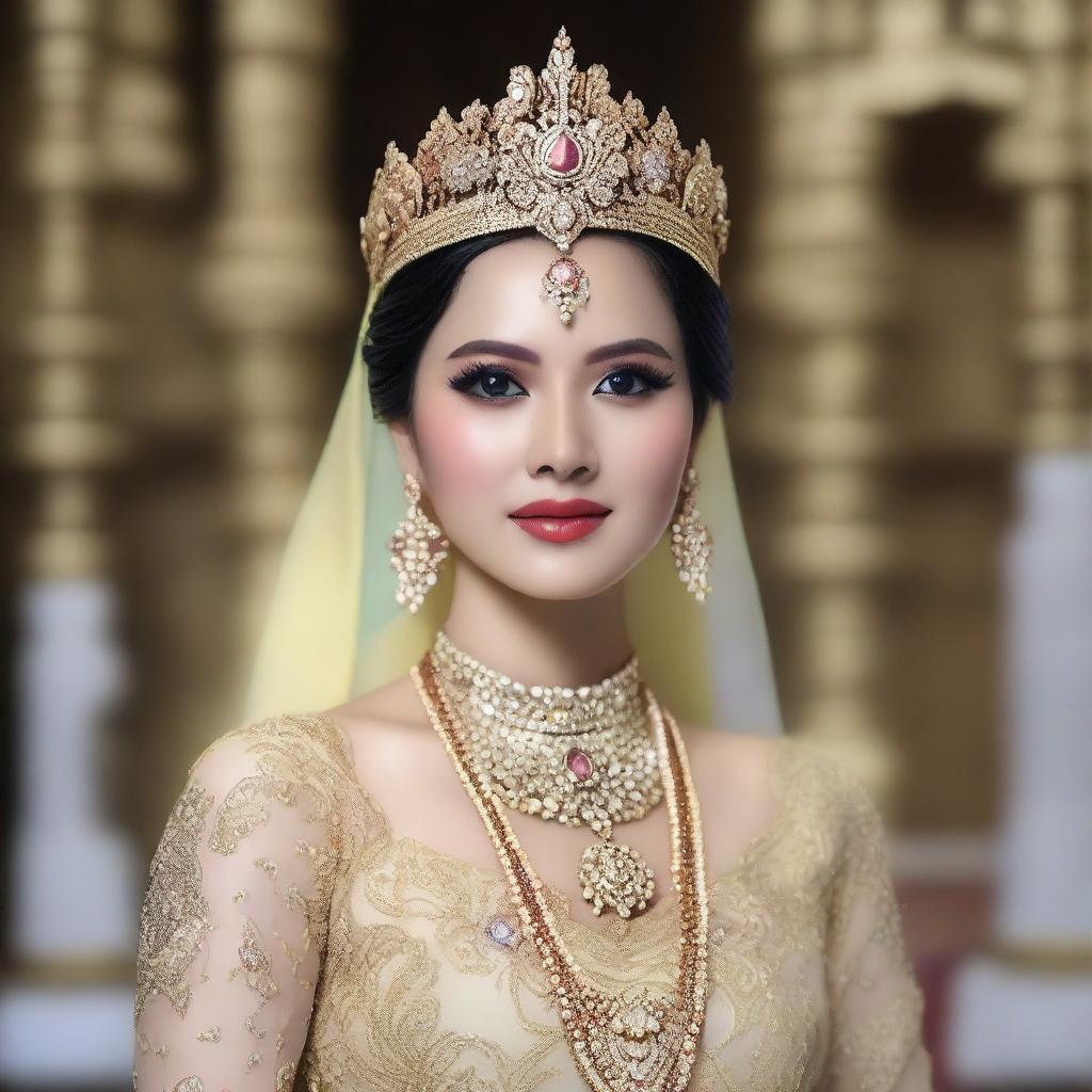 Gambar seorang putri raja yang cantik mengenakan gaun kerajaan dengan bagian payudaranya terlihat jelas