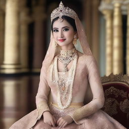 Gambar seorang putri raja yang cantik mengenakan gaun kerajaan dengan bagian payudaranya terlihat jelas