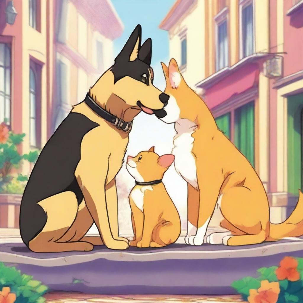 An anime-style scene depicting a tall German Shepherd falling in love with a short female orange cat