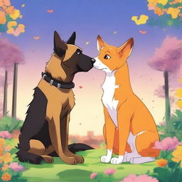 An anime-style scene depicting a tall German Shepherd falling in love with a short female orange cat