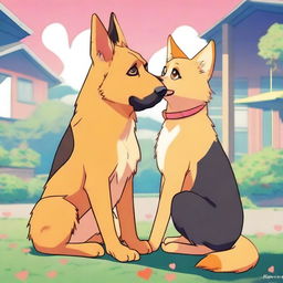 An anime-style scene depicting a tall German Shepherd falling in love with a short female orange cat