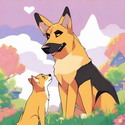 An anime-style scene depicting a tall German Shepherd falling in love with a short female orange cat