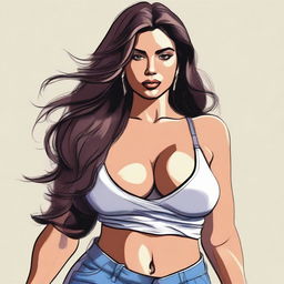 A Latina woman with a focus on her physical attributes, featuring exaggerated proportions