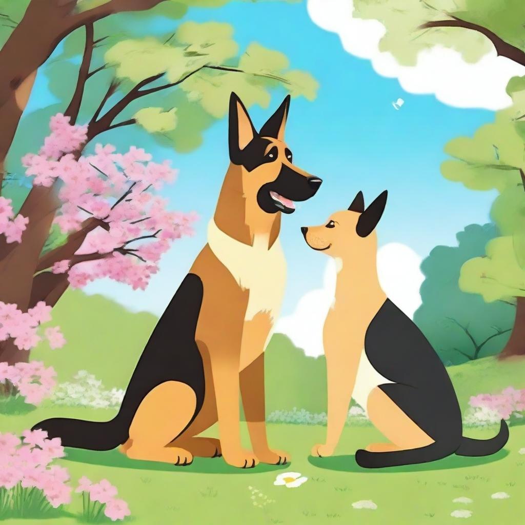 A tall male German shepherd falling in love with a short female cat