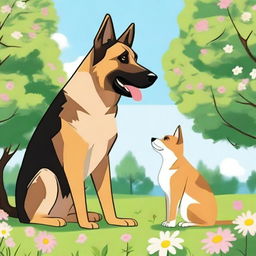 A tall male German shepherd falling in love with a short female cat