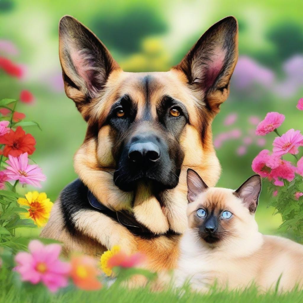 A German shepherd and a Siamese cat are in love