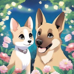 A German shepherd and a Siamese cat are in love, depicted in an anime style