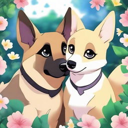 A German shepherd and a Siamese cat are in love, depicted in an anime style