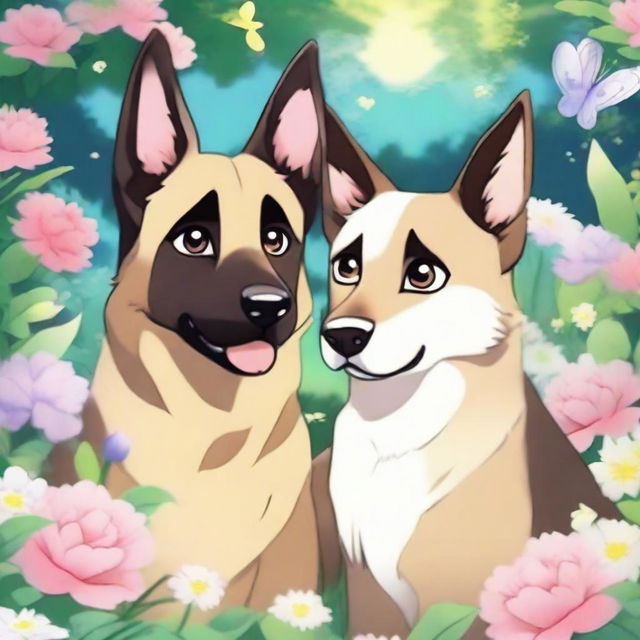 A German shepherd and a Siamese cat are in love, depicted in an anime style