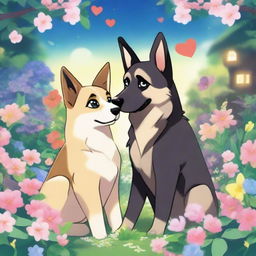 A German shepherd and a Siamese cat are in love, depicted in an anime style