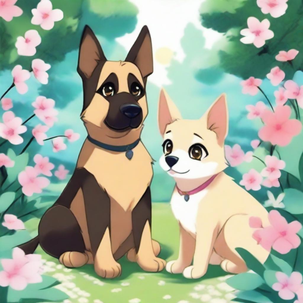 A German shepherd and a Siamese cat are in love, depicted in an anime style