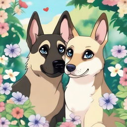 A German shepherd and a Siamese cat are in love, depicted in an anime style