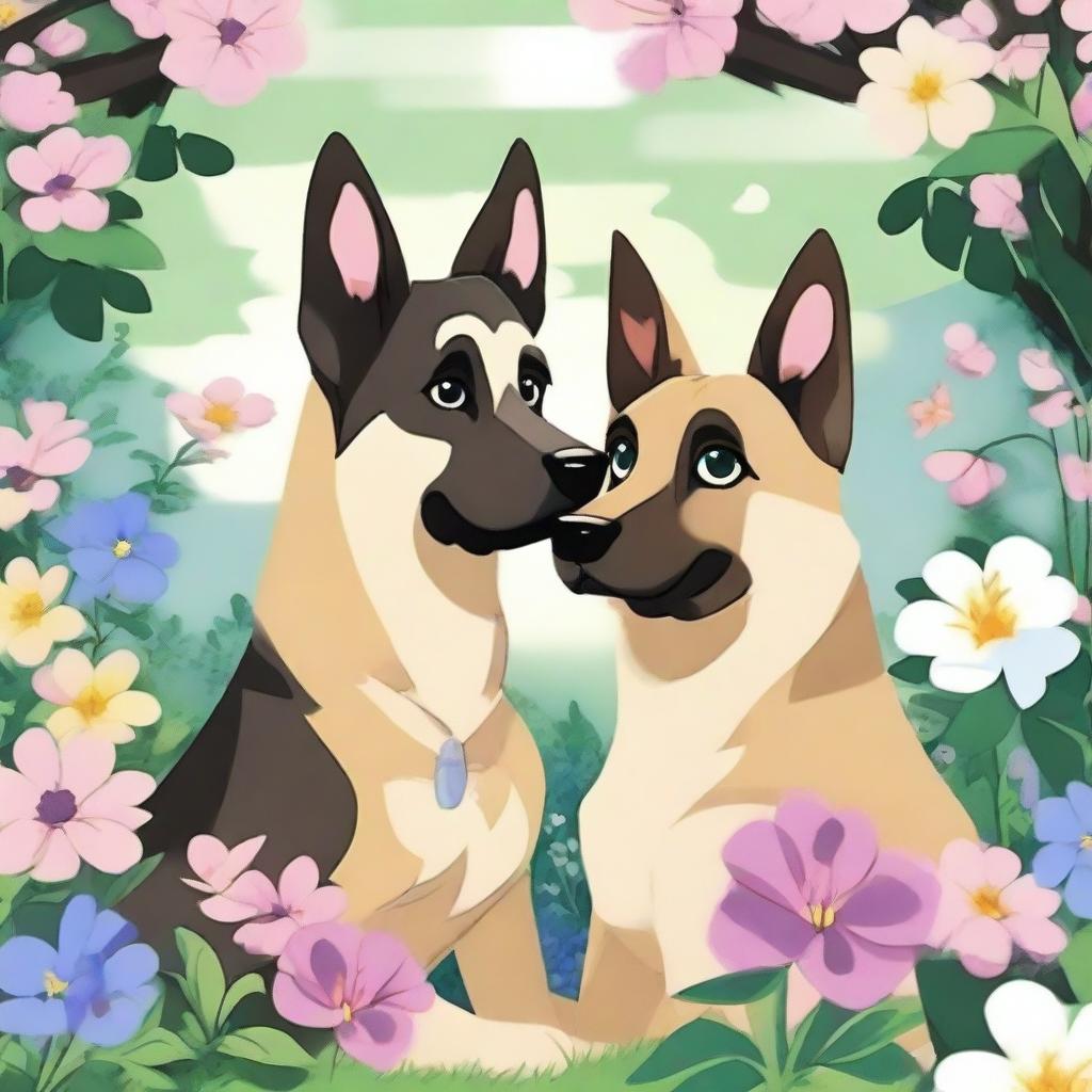 A German shepherd and a Siamese cat are in love, depicted in an anime style