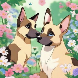 A German shepherd and a Siamese cat are in love, depicted in an anime style