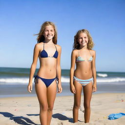 A 13-year-old girl wearing a bikini at the beach, enjoying the sun and playing in the sand