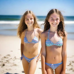 A 13-year-old girl wearing a bikini at the beach, enjoying the sun and playing in the sand