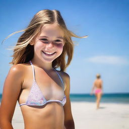 A 12-year-old girl wearing a bikini at the beach, enjoying the sun and playing in the sand