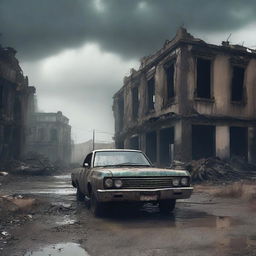 A post-apocalyptic background featuring a desolate landscape with ruined buildings, abandoned vehicles, and a dark, ominous sky