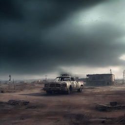 A post-apocalyptic background featuring a desolate landscape with ruined buildings, abandoned vehicles, and a dark, ominous sky