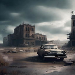 A post-apocalyptic background featuring a desolate landscape with ruined buildings, abandoned vehicles, and a dark, ominous sky