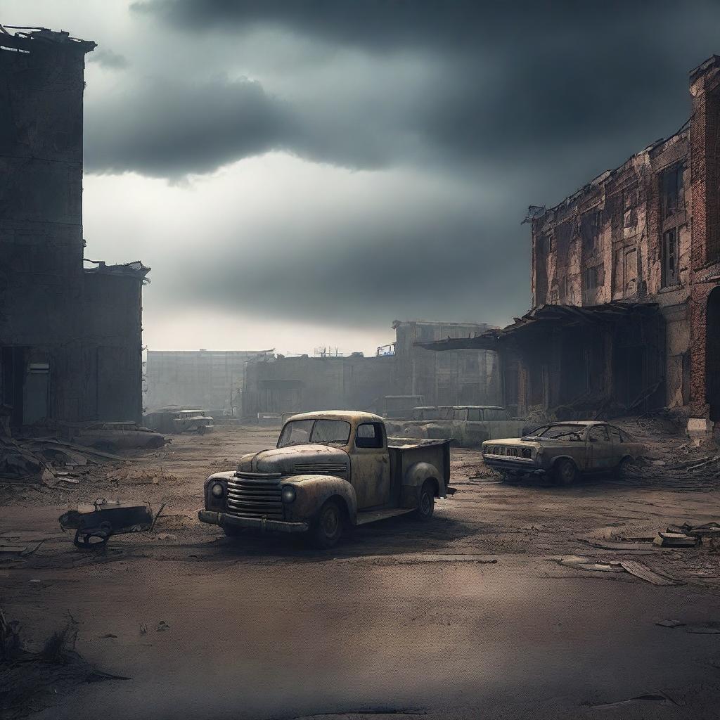 A post-apocalyptic background featuring a desolate landscape with ruined buildings, abandoned vehicles, and a dark, ominous sky