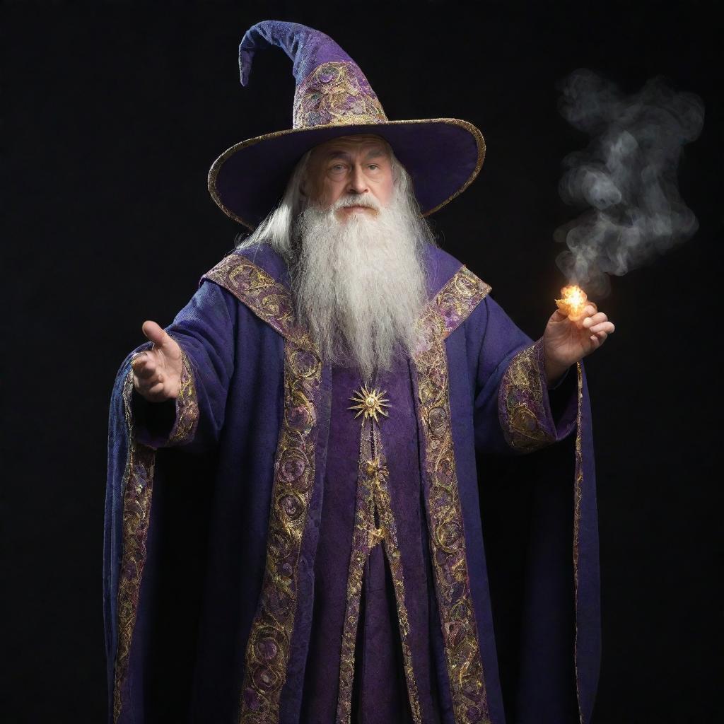 A powerful wizard, donned in intricate robes and hat, vigorously casting a spell that materializes into a beam of shimmering, magical beans.