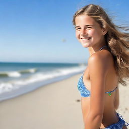 A 14-year-old girl wearing a bikini at the beach, enjoying the sun and playing in the sand