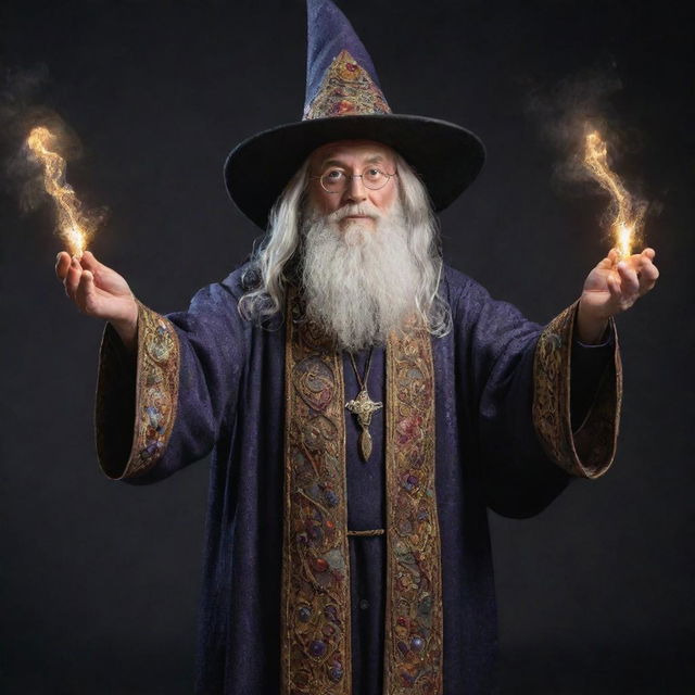 A powerful wizard, donned in intricate robes and hat, vigorously casting a spell that materializes into a beam of shimmering, magical beans.