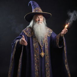 A powerful wizard, donned in intricate robes and hat, vigorously casting a spell that materializes into a beam of shimmering, magical beans.