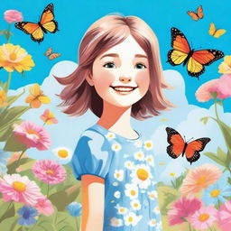 A detailed illustration of a young girl with a cheerful expression, standing in a beautiful garden filled with colorful flowers and butterflies under a bright blue sky