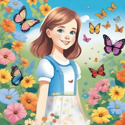 A detailed illustration of a young girl with a cheerful expression, standing in a beautiful garden filled with colorful flowers and butterflies under a bright blue sky